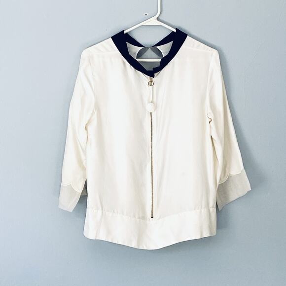 TBA To Be Adored Silk Blouse Medium Cream Ivory Black Collar Semi Sheer Zip Back - Picture 2 of 9